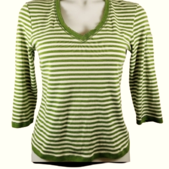 Valerie Stevens Tops - VALERIE STEVENS top shirt 3/4 sleeve small pocket green white stripe pima medium